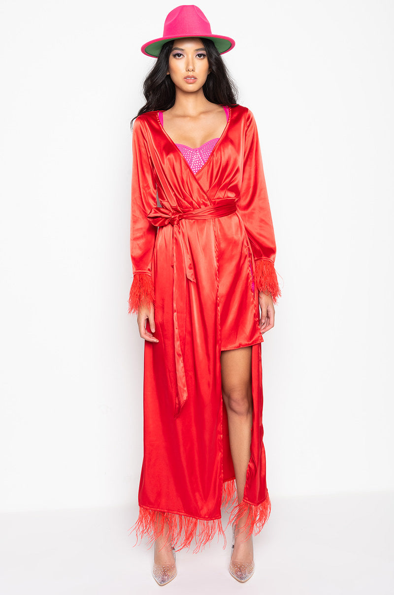 BOSS UP HONEY MAXI DRESS WITH FEATHER TRIM RED