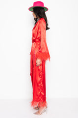 BOSS UP HONEY MAXI DRESS WITH FEATHER TRIM RED