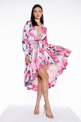 BOUQUET SATIN HIGH LOW MIDI SKIRT