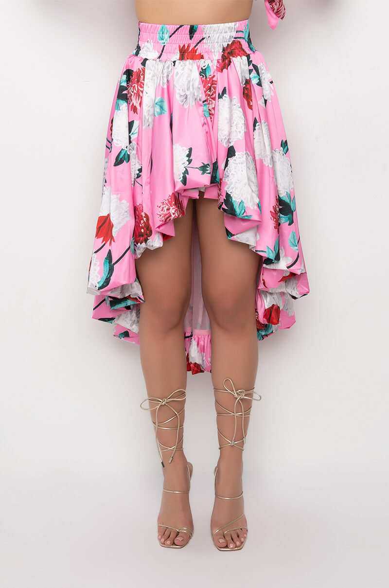 BOUQUET SATIN HIGH LOW MIDI SKIRT