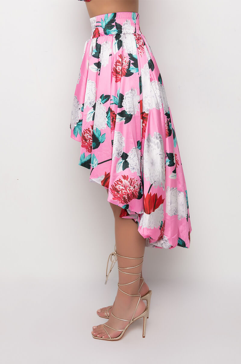 BOUQUET SATIN HIGH LOW MIDI SKIRT