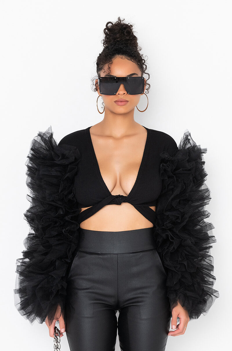 BRING IT OUT PUFF SLEEVE TIE FRONT TOP BLACK