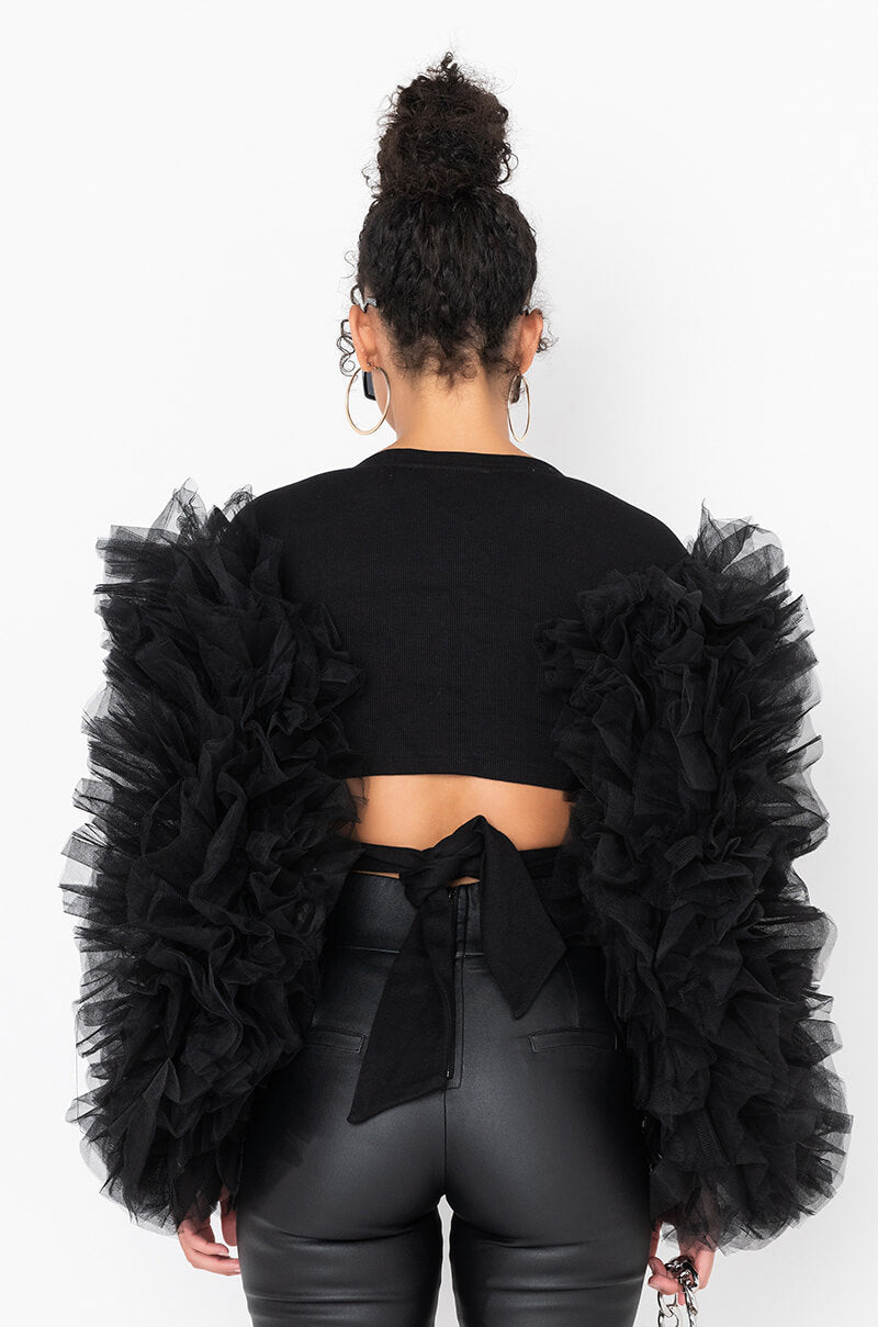 BRING IT OUT PUFF SLEEVE TIE FRONT TOP BLACK