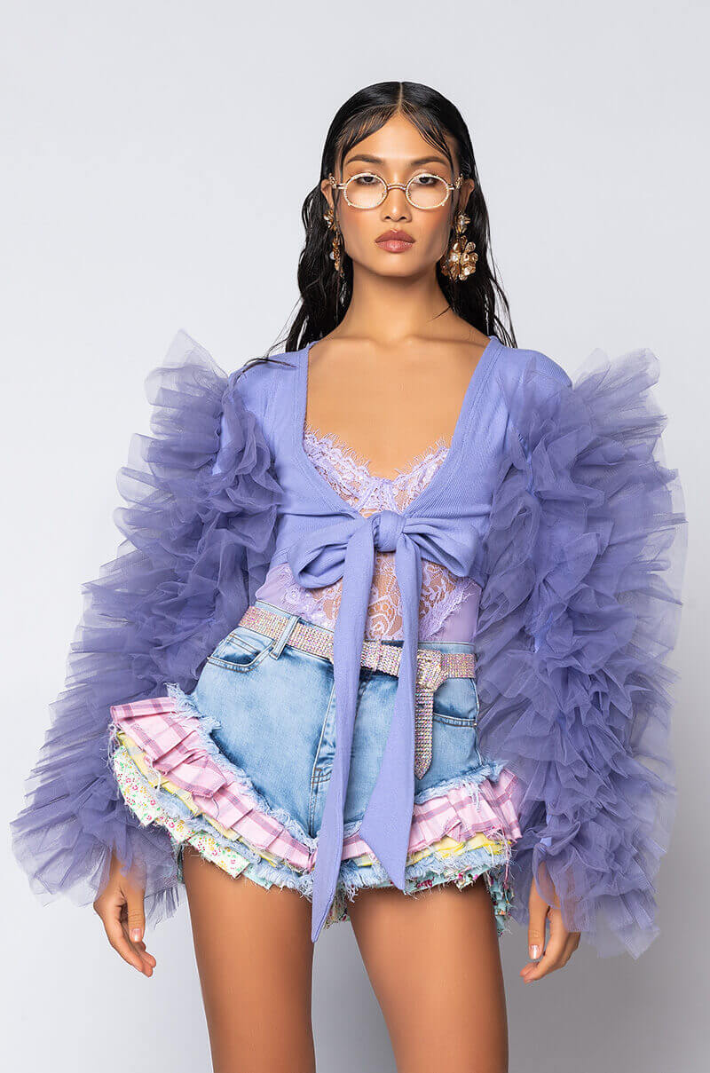BRING IT OUT PUFF SLEEVE TIE FRONT TOP LIGHT PURPLE