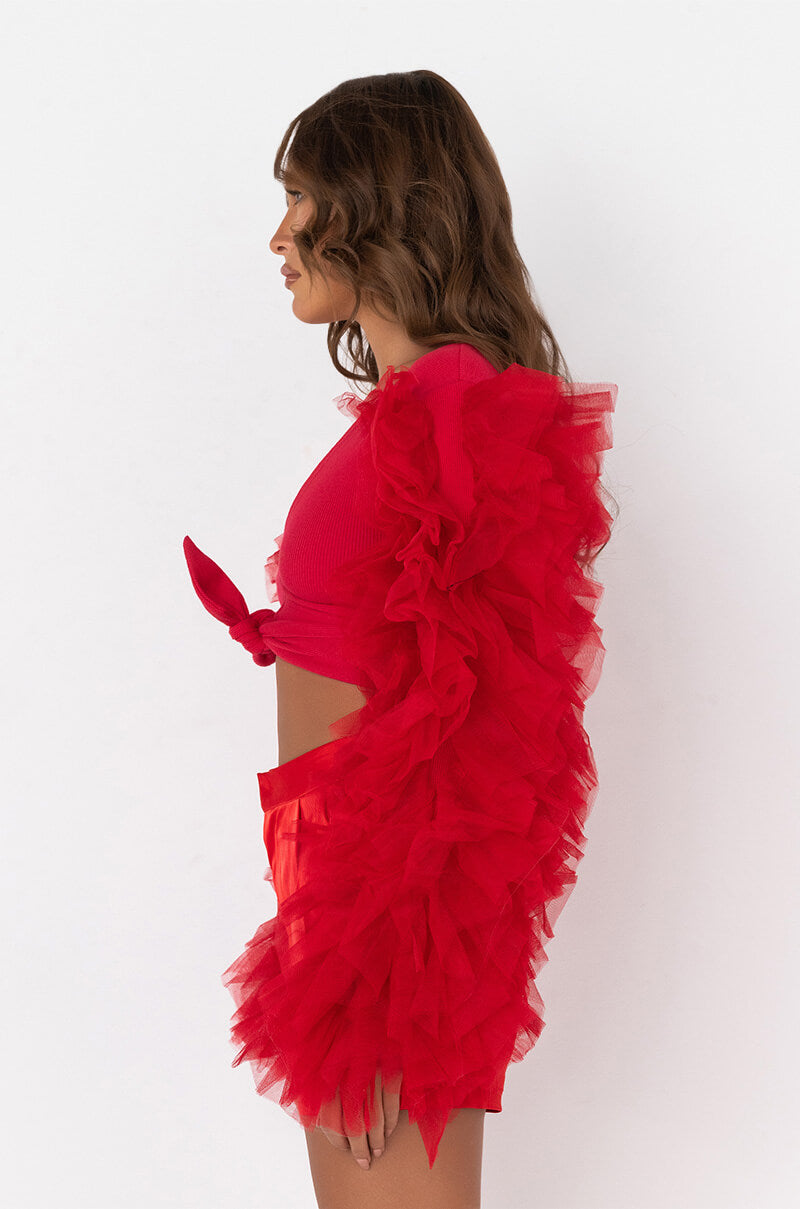 BRING IT OUT PUFF SLEEVE TIE FRONT TOP RED