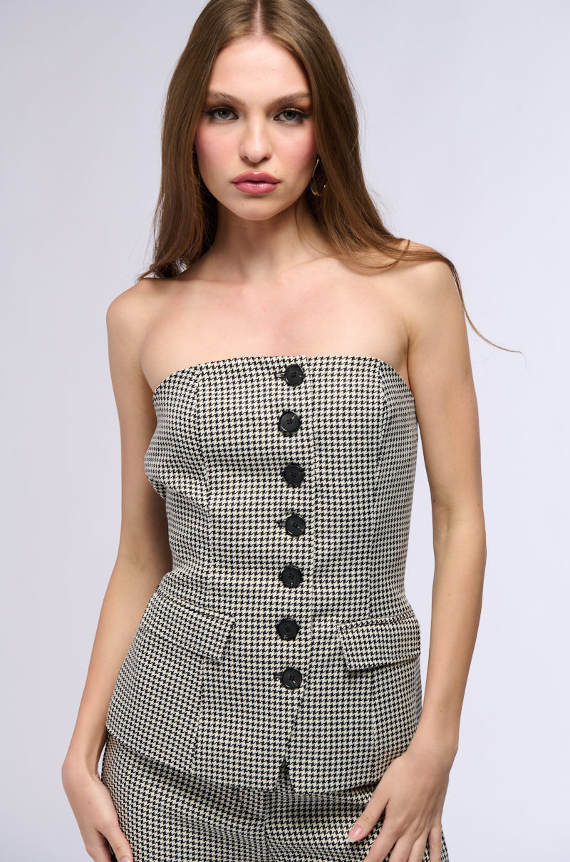 BUSINESS CASUAL HOUNDSTOOTH BUTTON DOWN TUBE BLOUSE
