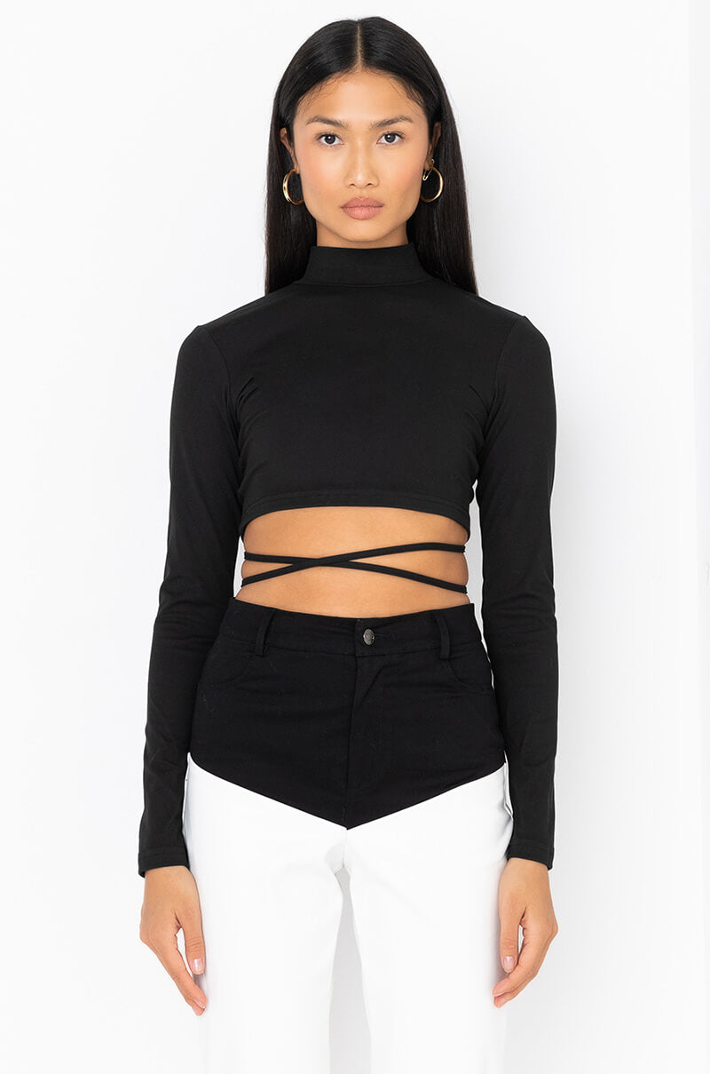 BUSINESS IN THE FRONT MOCK NECK CROP TOP