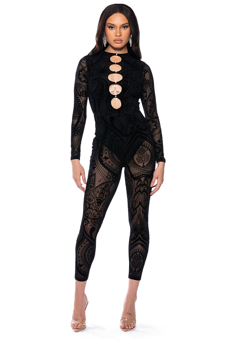 CALL ME SHEER PAISLEY CUTOUT JUMPSUIT
