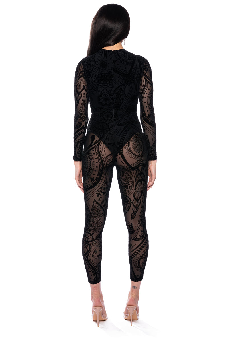 CALL ME SHEER PAISLEY CUTOUT JUMPSUIT