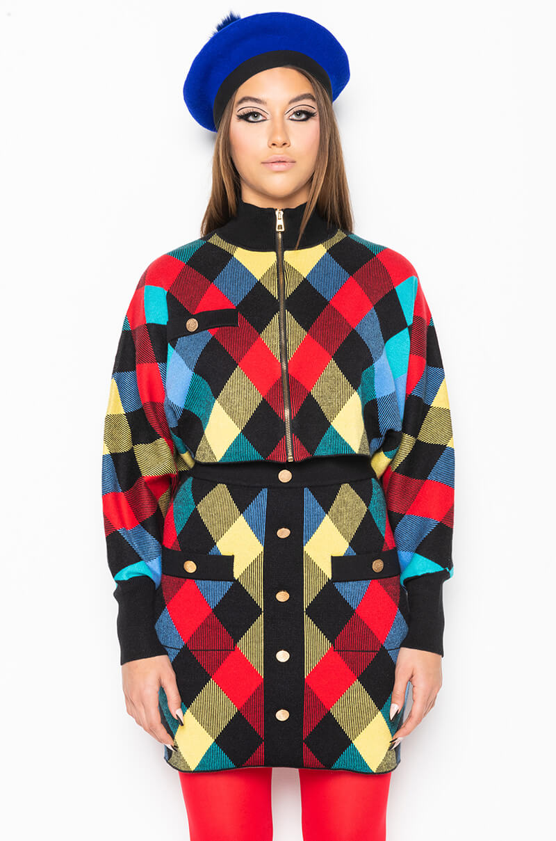 CALL ME ZIP UP SWEATER RED MULTI