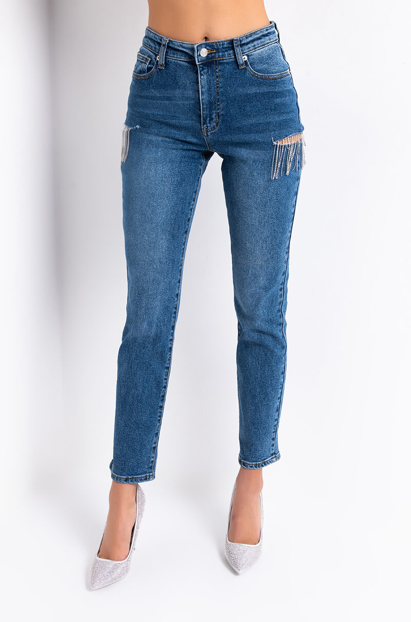 CAMILA HIGH WAISTED RHINESTONE SLIT JEANS