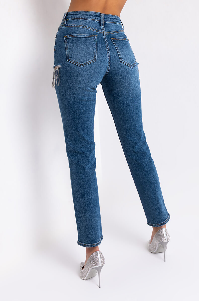 CAMILA HIGH WAISTED RHINESTONE SLIT JEANS