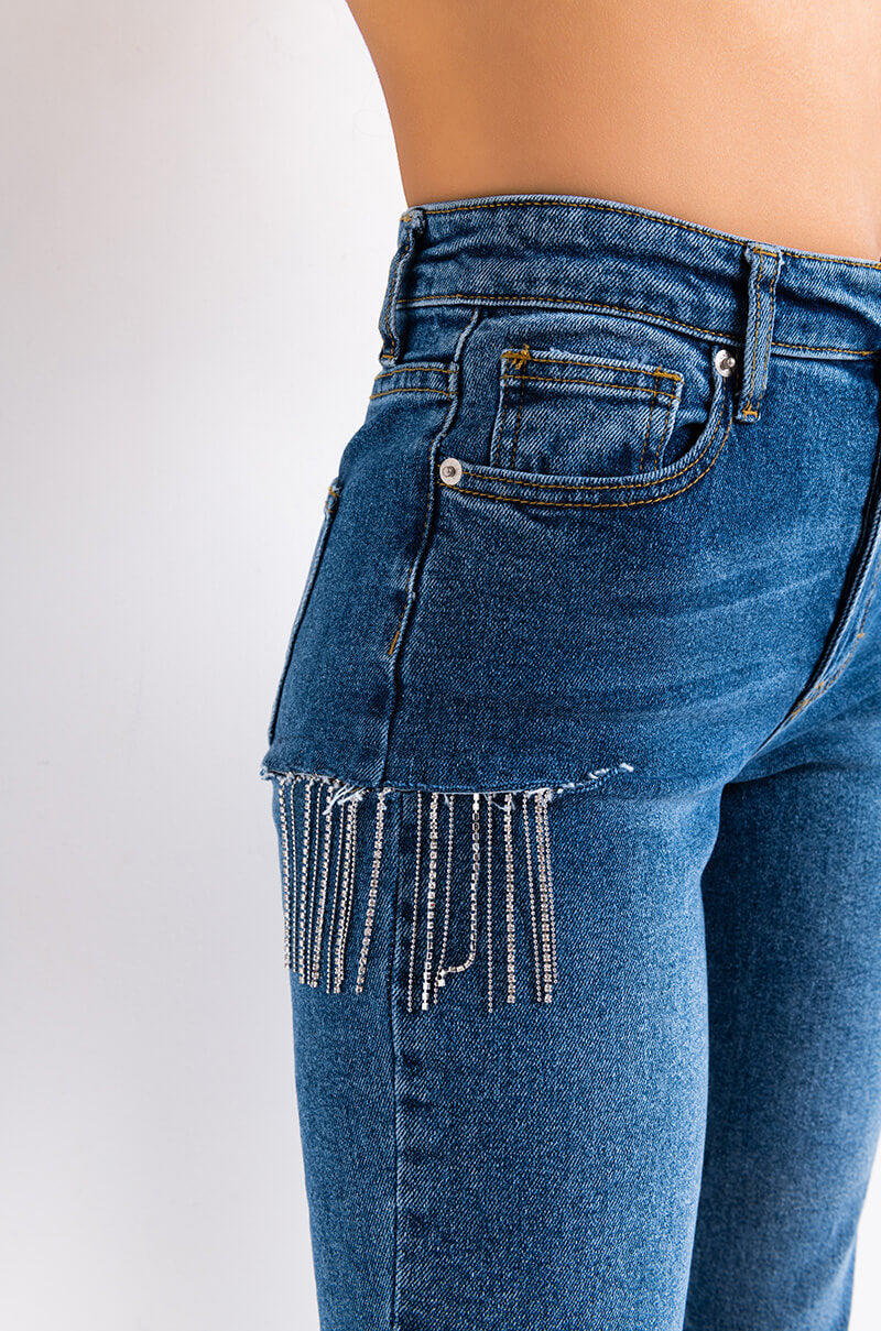 CAMILA HIGH WAISTED RHINESTONE SLIT JEANS