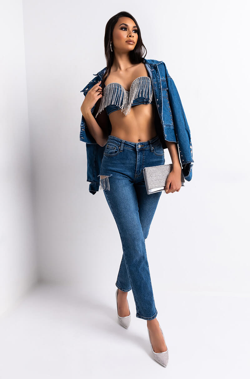 CAMILA HIGH WAISTED RHINESTONE SLIT JEANS