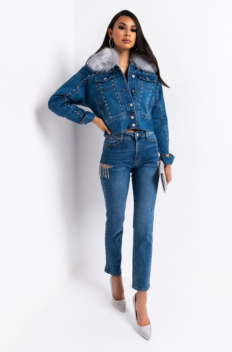 CAMILA HIGH WAISTED RHINESTONE SLIT JEANS