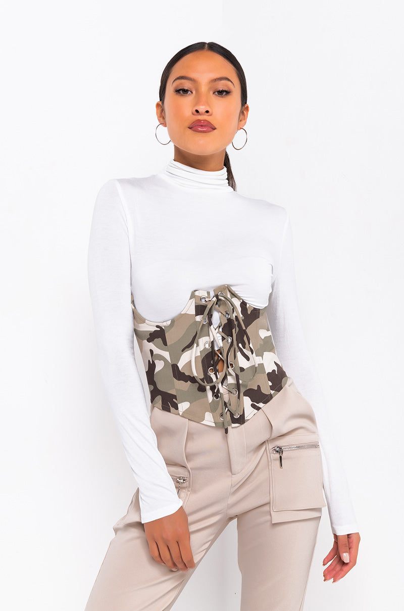 CAMOUFLAGING MY FEELINGS LACE UP CORSET GREEN CAMO