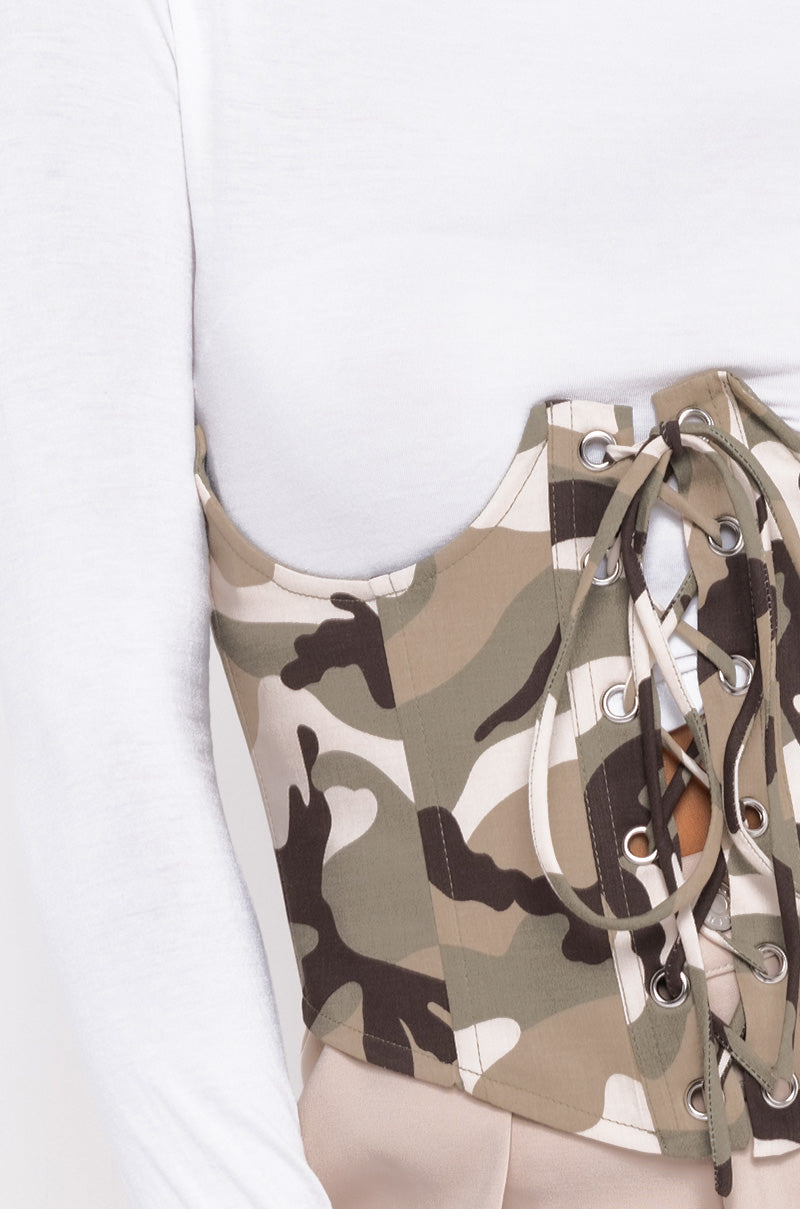 CAMOUFLAGING MY FEELINGS LACE UP CORSET GREEN CAMO