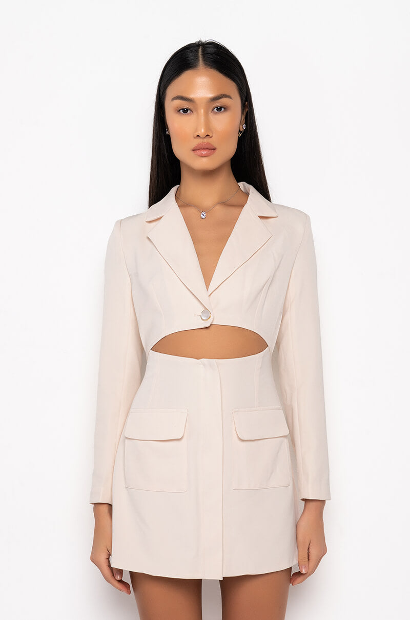 CAN'T BE WITHOUT ME MINI BLAZER DRESS WITH CUT OUT WHITE