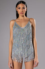 CANT BEAT THIS FRINGE METALLIC MINI ROMPER