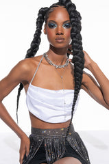 CAN'T COMPARE RHINESTONE STRAP SATIN CROP TOP WHITE