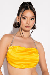 CAN'T COMPARE RHINESTONE STRAP SATIN CROP TOP YELLOW