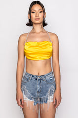 CAN'T COMPARE RHINESTONE STRAP SATIN CROP TOP YELLOW