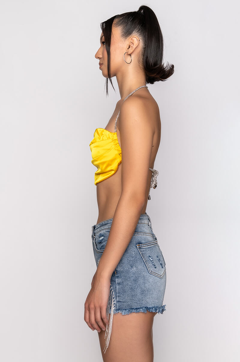 CAN'T COMPARE RHINESTONE STRAP SATIN CROP TOP YELLOW