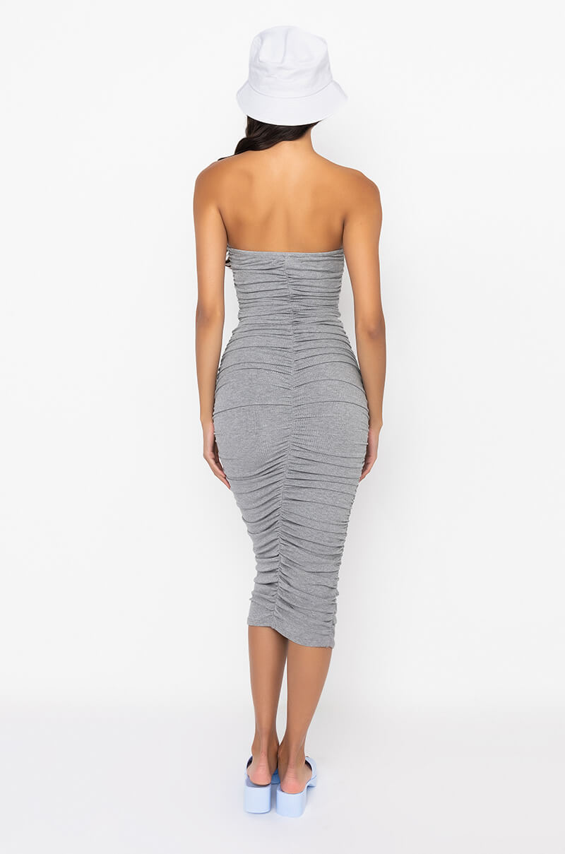 CAN'T GET ENOUGH EXTRA RUCHED MIDI DRESS HEATHER GREY