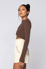 CAN'T TIE ME DOWN LONG SLEEVE FRONT KNOT BLOUSE BROWN