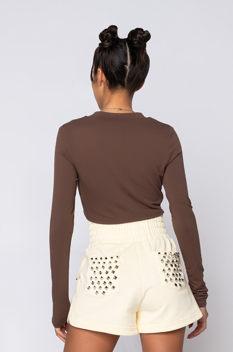 CAN'T TIE ME DOWN LONG SLEEVE FRONT KNOT BLOUSE BROWN