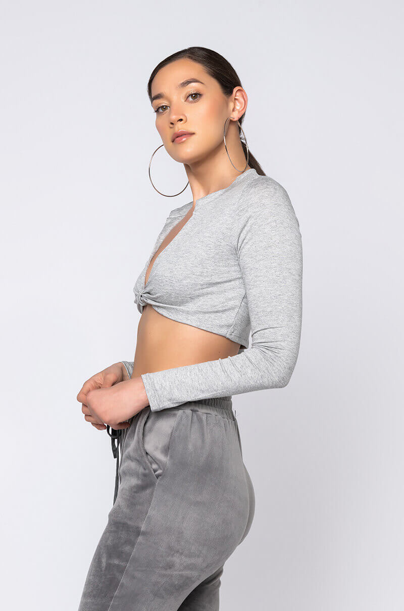 CAN'T TIE ME DOWN LONG SLEEVE FRONT KNOT BLOUSE HEATHER GREY