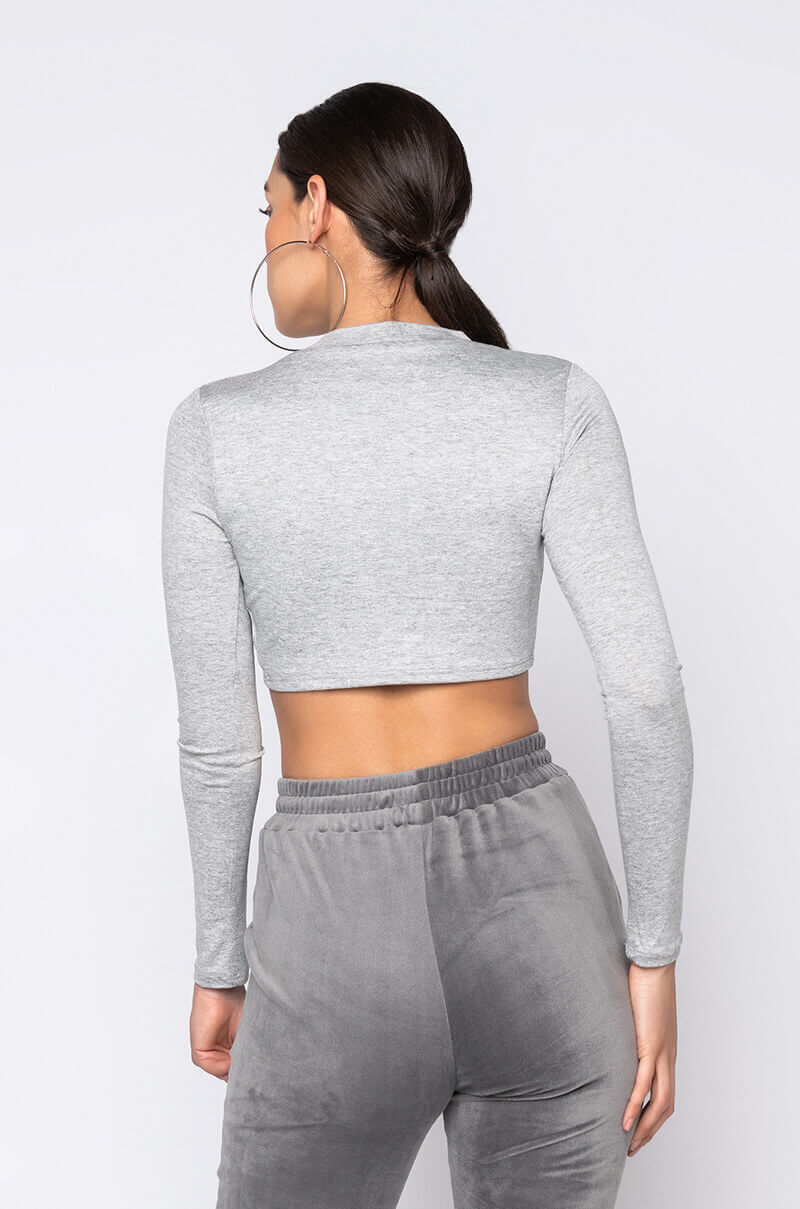 CAN'T TIE ME DOWN LONG SLEEVE FRONT KNOT BLOUSE HEATHER GREY