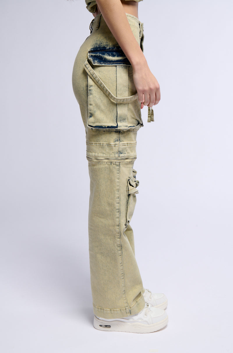 CAPRICE DISTRESSED DENIM CARGO CONVERTIBLE ZIP OFF PANT