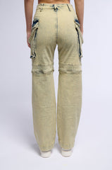 CAPRICE DISTRESSED DENIM CARGO CONVERTIBLE ZIP OFF PANT