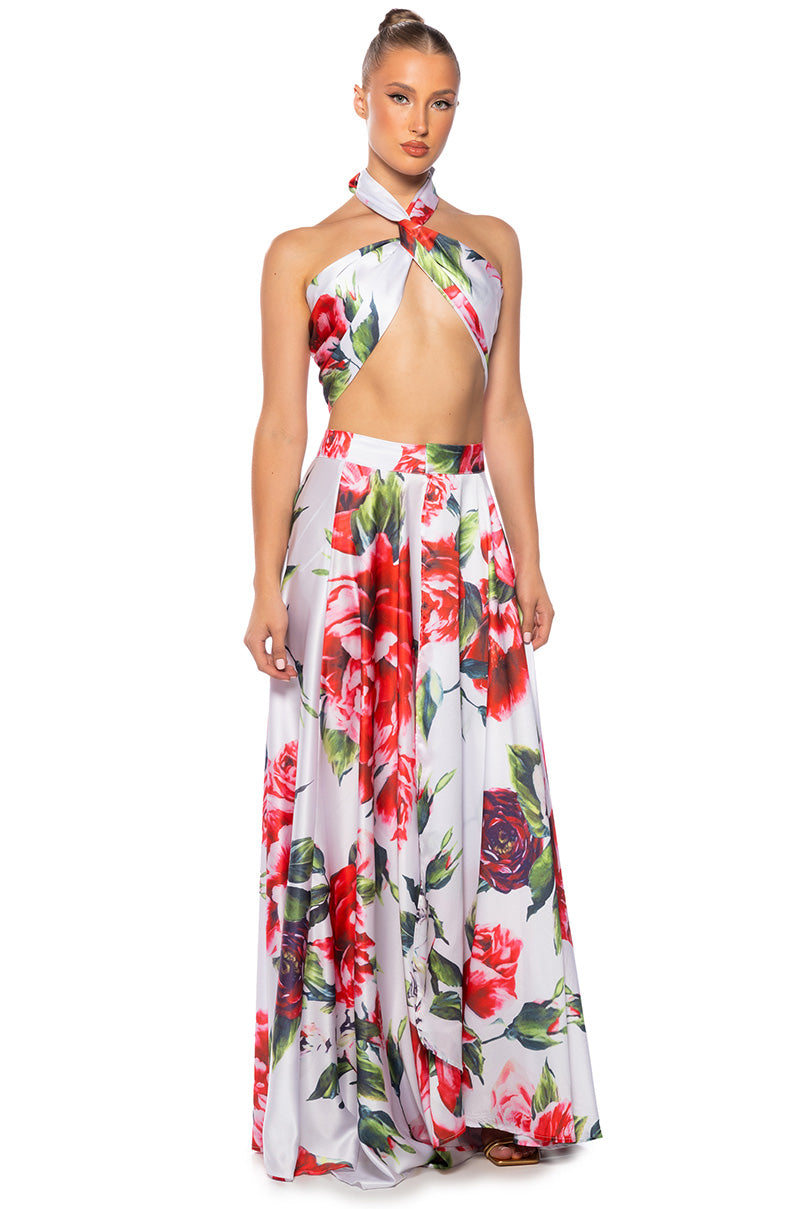 CARAMELLA MAXI SATIN WRAP SKIRT WHITE MULTI