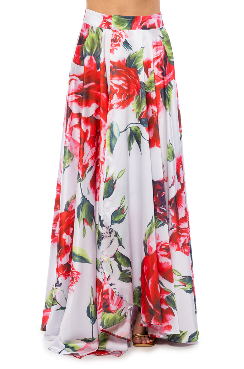 CARAMELLA MAXI SATIN WRAP SKIRT WHITE MULTI