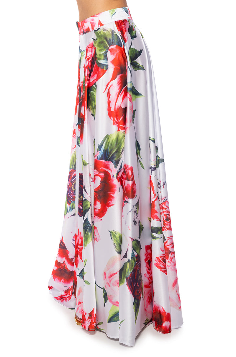 CARAMELLA MAXI SATIN WRAP SKIRT WHITE MULTI