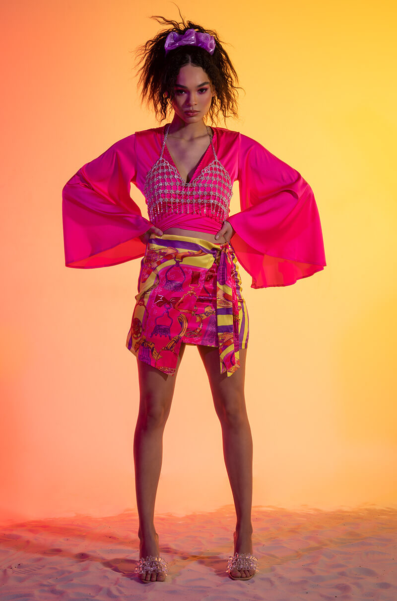 CARIBBEAN VIBES SATIN TIE FRONT TOP