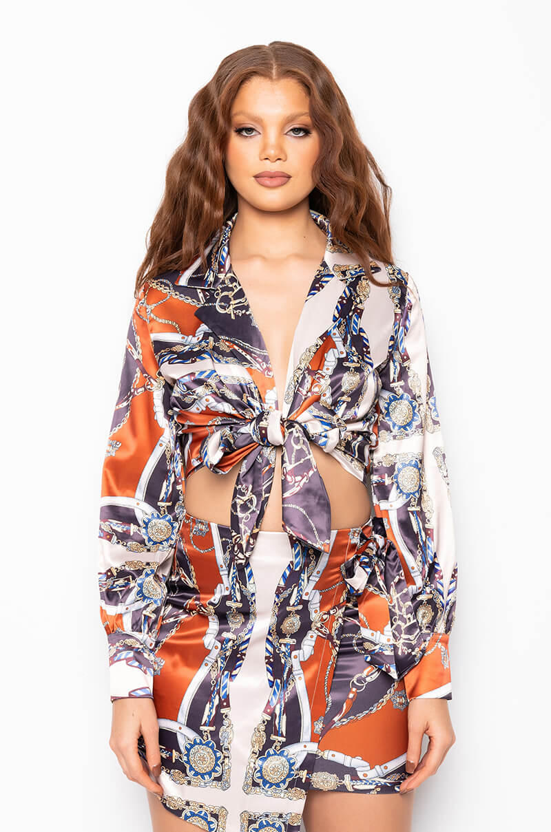 CATCH YOU ON THE FLIP SATIN TIE FRONT BLOUSE