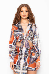 CATCH YOU ON THE FLIP SATIN TIE FRONT BLOUSE