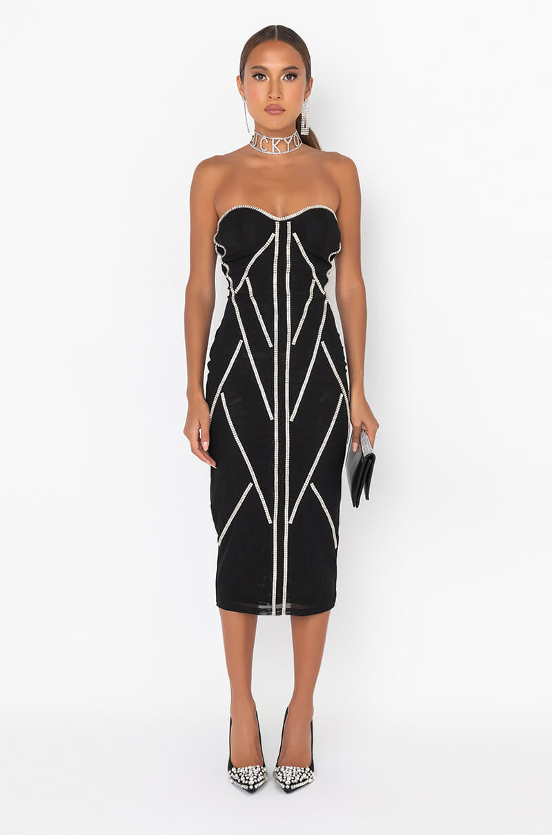 CAUGHT YOU SHINING MESH STONE MIDI DRESS