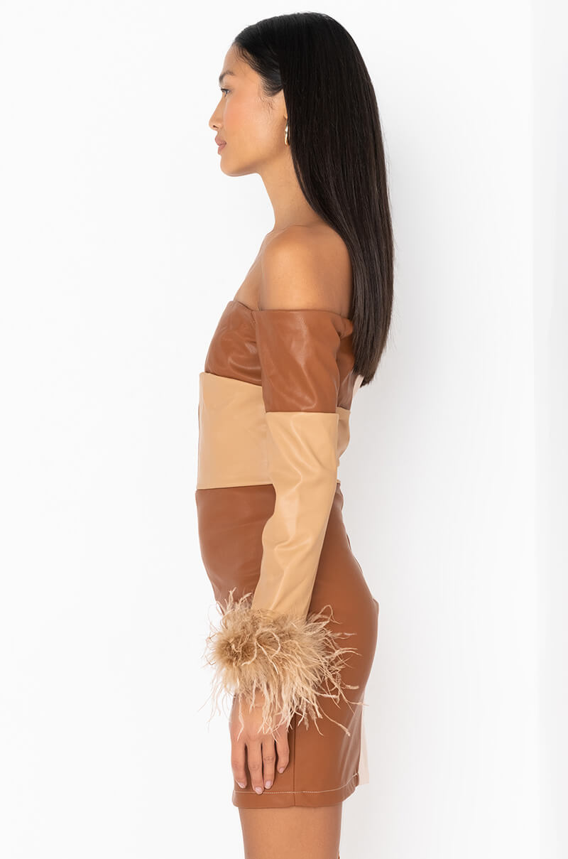 CHECK HER OUT REAL FEATHER PU MINI DRESS