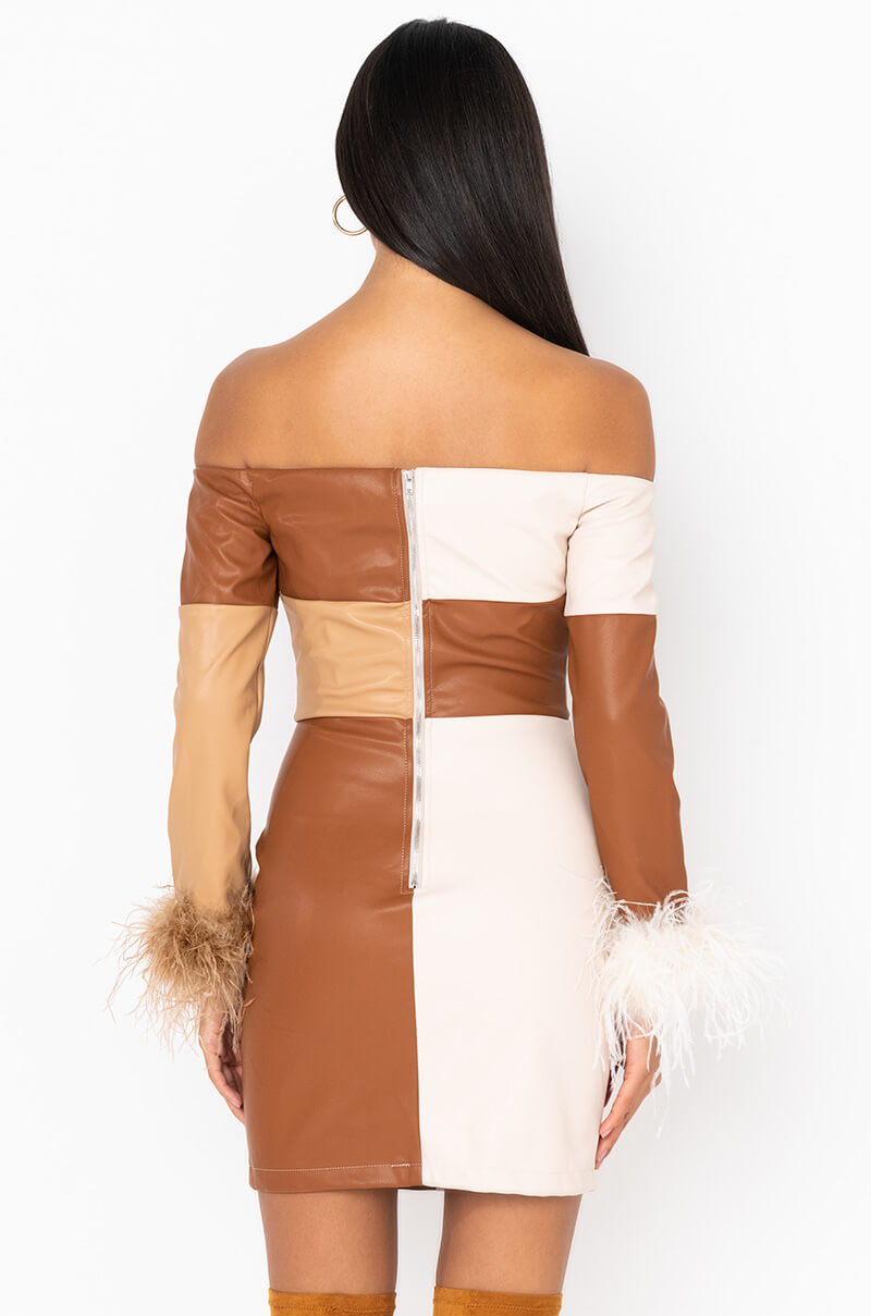 CHECK HER OUT REAL FEATHER PU MINI DRESS