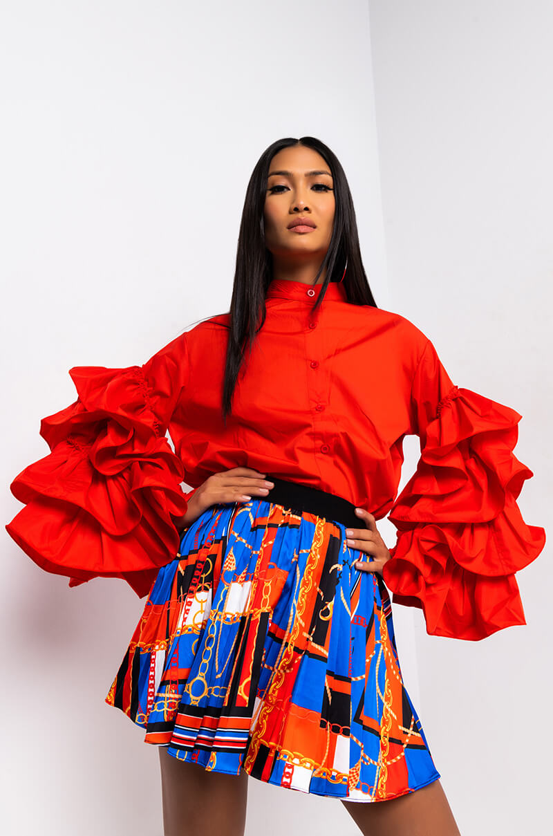 CHIC SATIN PLEATED MINI SKIRT BLUE MULTI