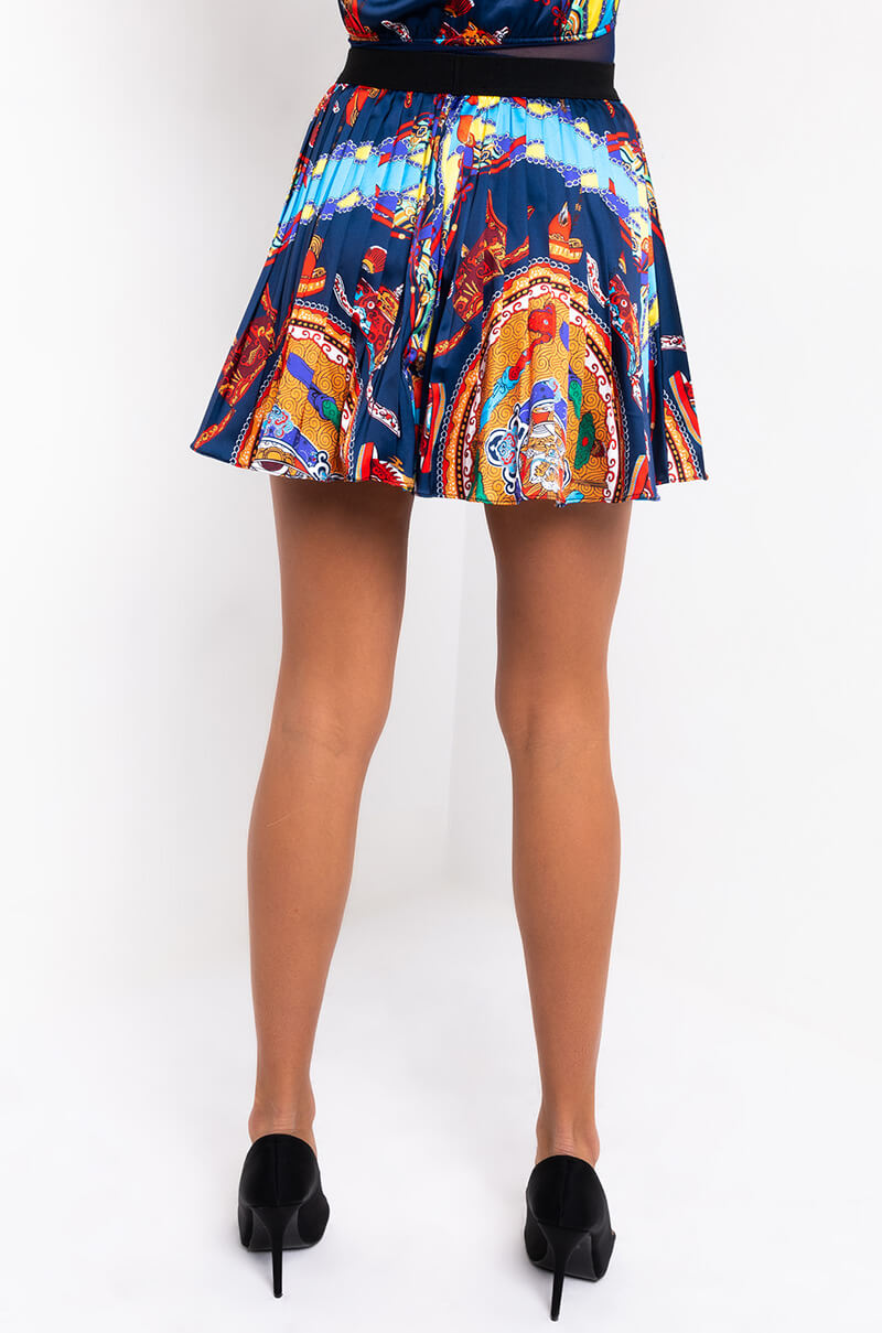 CHIC SATIN PLEATED MINI SKIRT NAVY MULTI