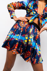 CHIC SATIN PLEATED MINI SKIRT NAVY MULTI