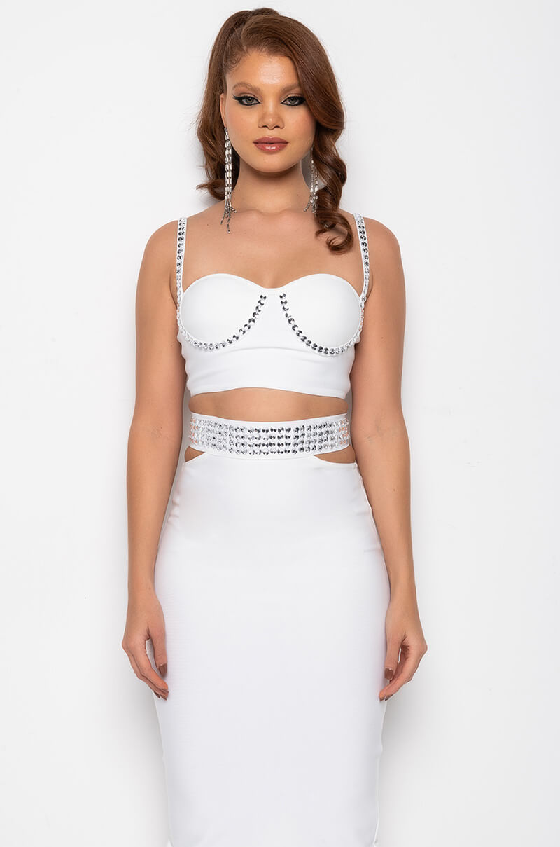COME GET IT RHINESTONE BANDAGE CROP TOP WHITE