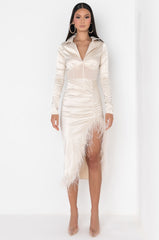 CORSET DETAIL SATIN REAL FEATHER MIDI DRESS IVORY