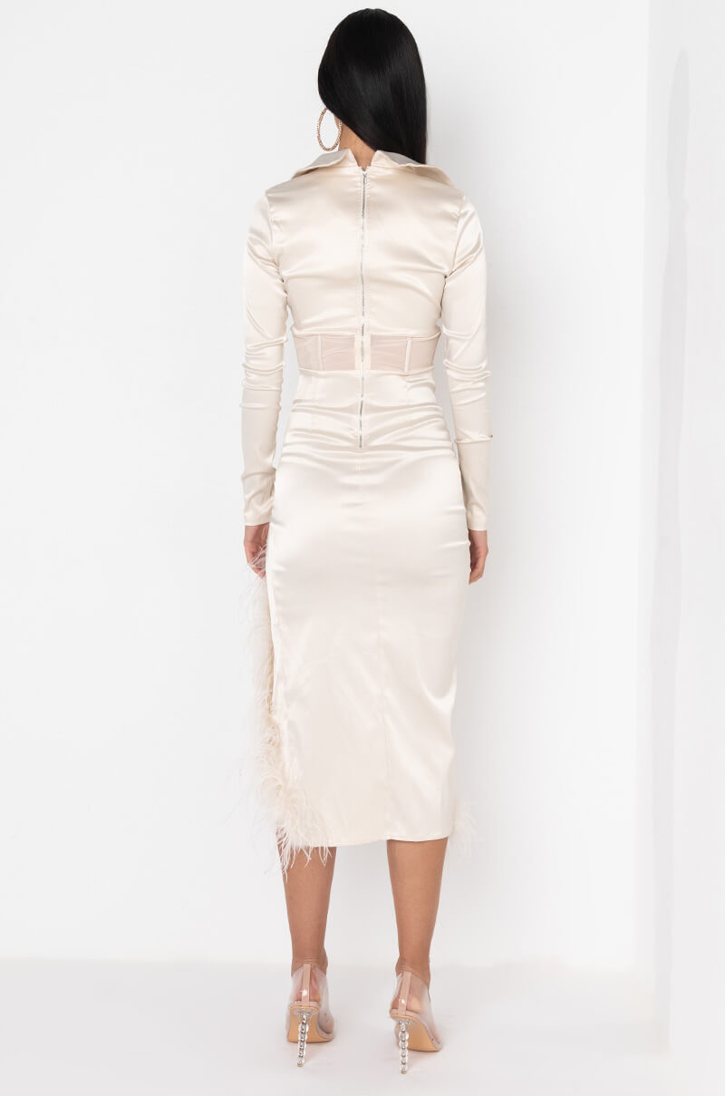 CORSET DETAIL SATIN REAL FEATHER MIDI DRESS IVORY