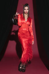 CORSET DETAIL SATIN REAL FEATHER MIDI DRESS RED